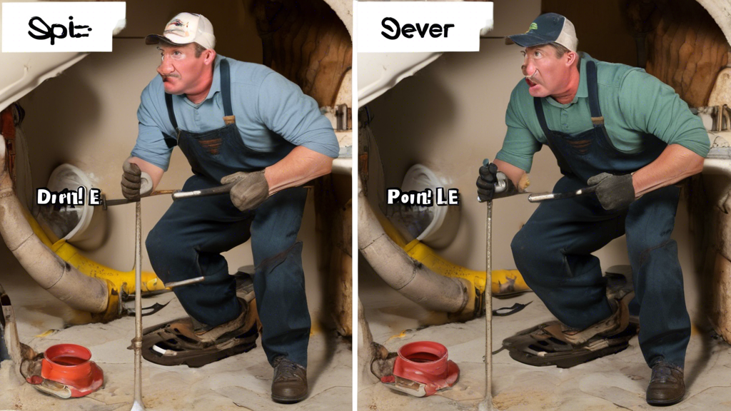 DALL-E prompt for an image related to outline point #3:

Split-screen image comparing DIY cast iron sewer pipe repair and professional plumbing. On the left side, show a frustrated homeowner with basic tools struggling to fix a broken cast iron pipe in a cramped, dimly lit basement. On the right side, depict a professional plumber in uniform efficiently repairing a similar pipe using specialized equipment in a well-lit workspace. Include a visible price tag in each scene to represent cost considerations.