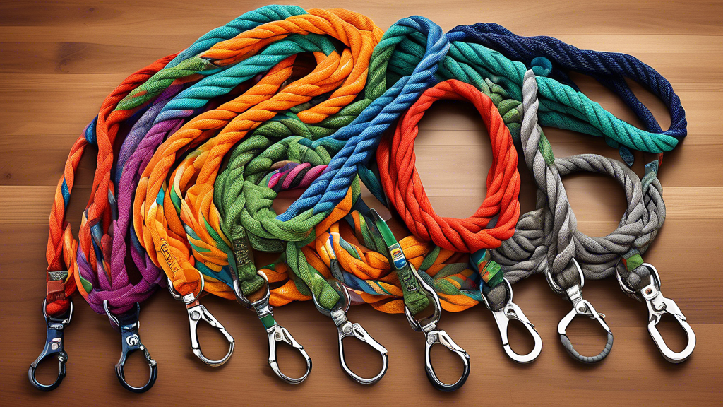 Create an image of a variety of climbing rope dog leashes displayed in an organized arrangement. Showcase different types, including standard climbing rope leashes, multifunctional leashes, and customizable options. The image should highlight unique features and vibrant colors, demonstrating the diversity and utility of each type.