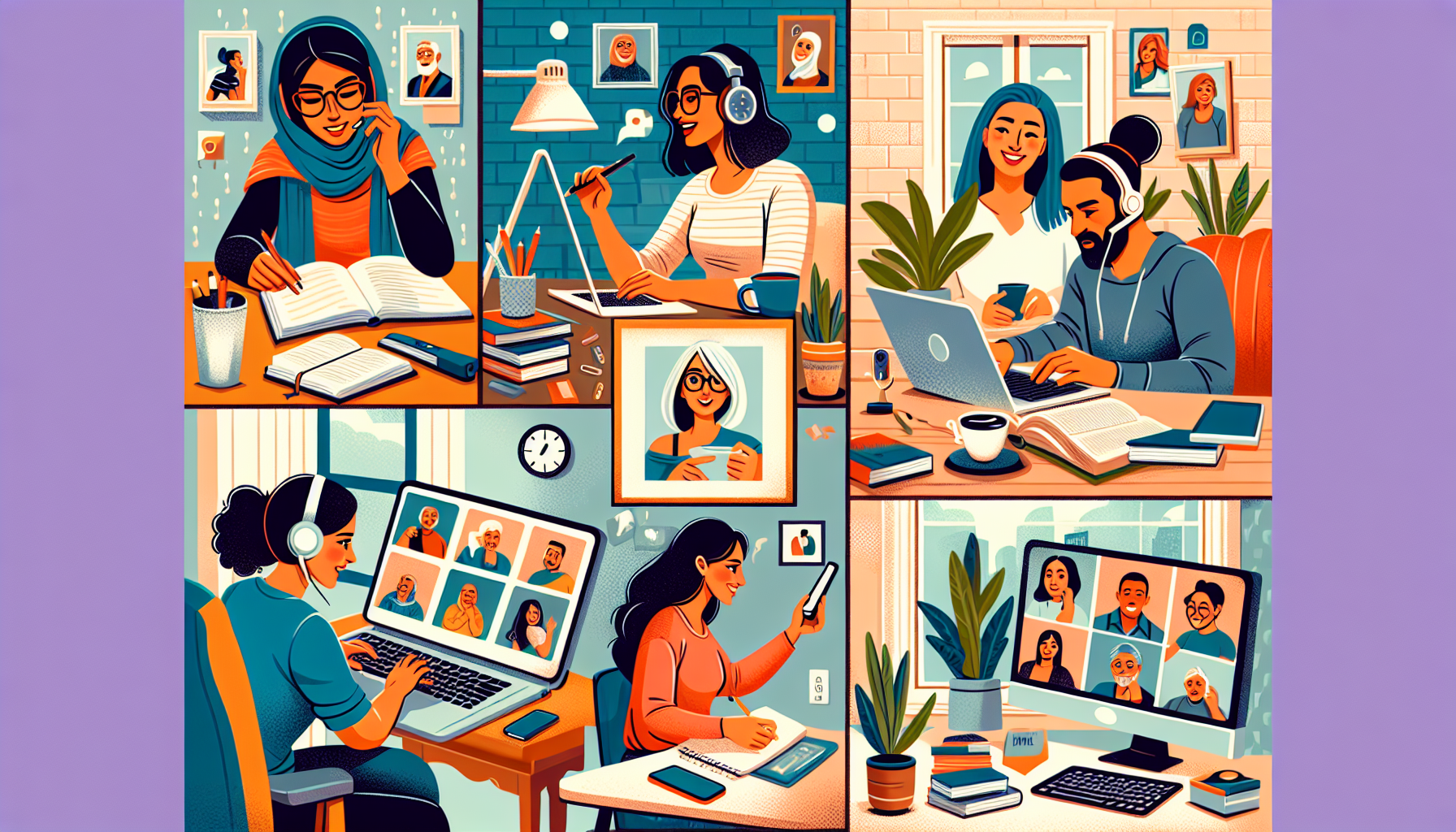 Create an image prompt for DALL-E based on outline point #2:

Create an image featuring a collage of people engaged in popular at-home side hustles. Include a freelance writer typing on a laptop, a virtual assistant on a video call, and an online tutor teaching a student via a computer. Each individual should be in a cozy home environment with elements like books, coffee cups, and planners around them. The overall vibe should be productive and inspiring, highlighting the diversity of profitable at-home side hustles available today.