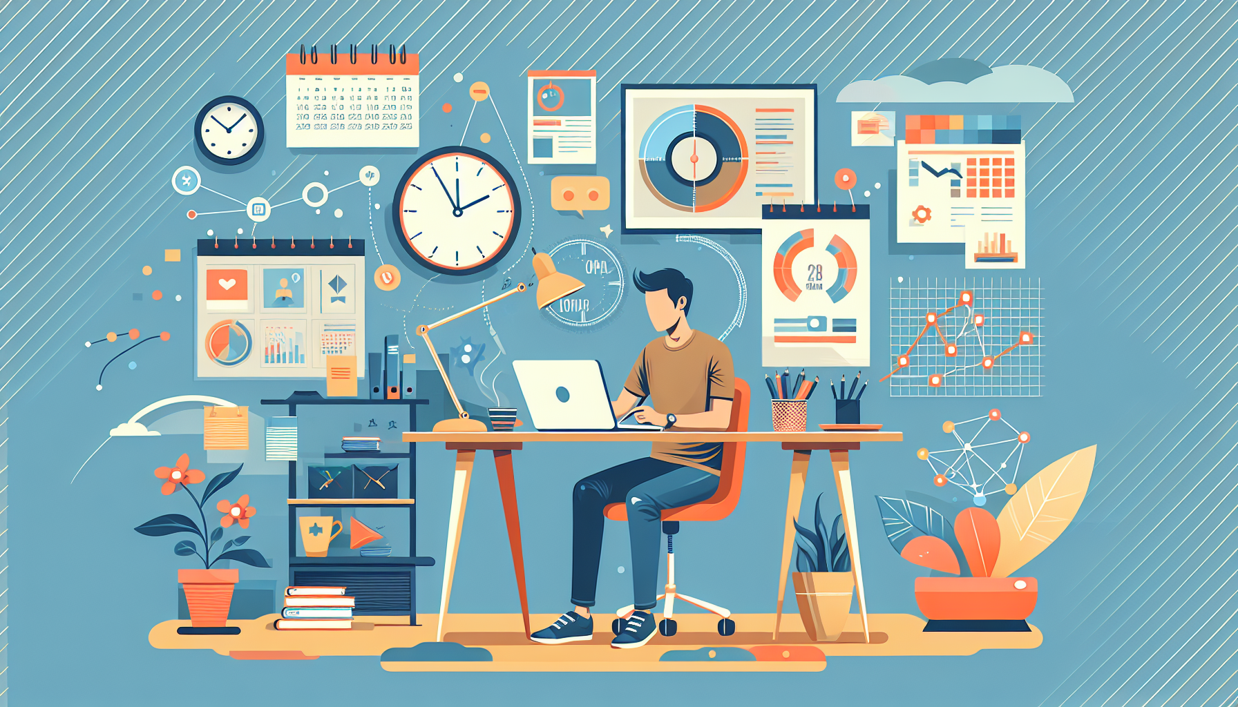 Prompt for DALL-E: A cozy home office setup with a calendar, notepad, and a laptop displaying a side hustle project. A person is multitasking efficiently, with a clock showing well-managed time in the background. The image showcases digital marketing tools, financial tracking charts on the wall, and a network diagram to symbolize growth and connectivity. The overall vibe is productive and organized, hinting at the strategies and tips to maximize at-home side hustle earnings.