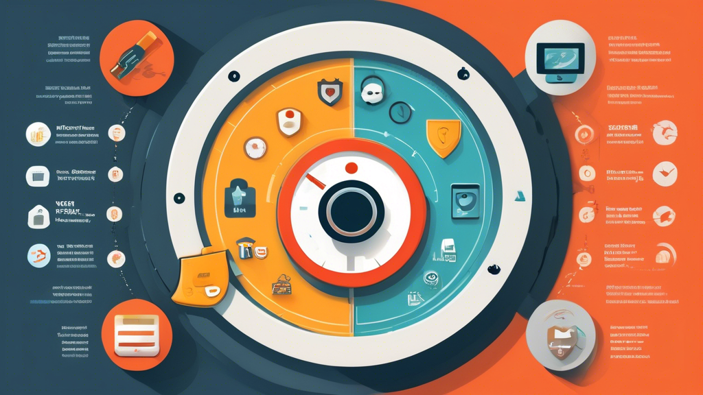 Create an illustration showing the criteria for selecting the best free VPN. Divide the image into three sections: the first section highlights security and encryption with icons like a lock and shield; the second section illustrates usage limitations with icons like a meter or speedometer; the third section emphasizes privacy policies with icons like a document and magnifying glass. Keep the overall design modern and user-friendly, with a focus on clarity and informativeness.