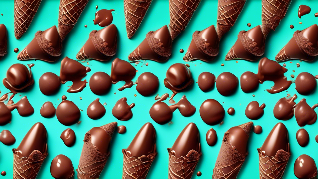 An array of Muddy Bites chocolate cones on a vibrant background, each cone filled with different flavors like vanilla, strawberry, and mint, alongside text bubbles filled with glowing reviews from diverse demographic groups highlighting their delicious taste and variety.