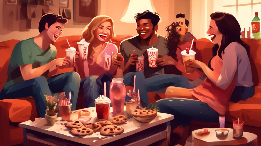 DALL-E prompt: Illustrate a cozy movie night setting with a group of friends gathered in a living room, laughing and sharing a large bowl of Muddy Bites. Include a variety of beverages like sodas and milkshakes on a side table, enhancing the enjoyment of the snacks. Each person is enjoying different creative desserts topped with Muddy Bites. Show a festive atmosphere with dimmed lights and a movie playing in the background.