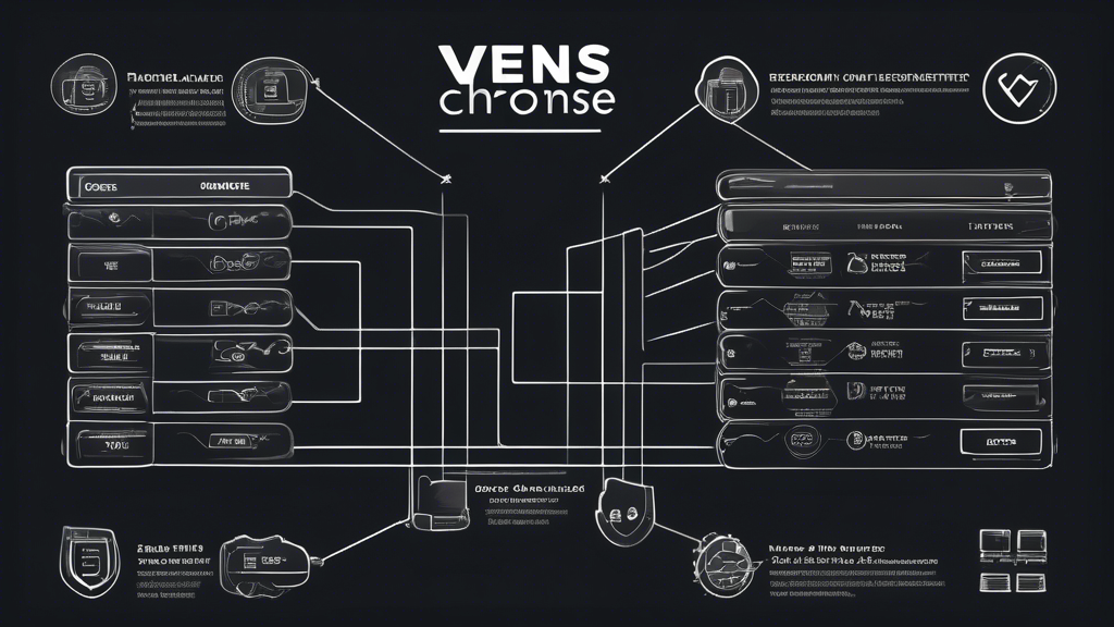Create an image showcasing a comparison chart of the top VPNs for Chrome. The chart should display key points like provider names, their unique features, pros and cons, and a recommendation badge for the best choice. The background should subtly highlight Chrome’s logo, ensuring the focus remains on the comparison.