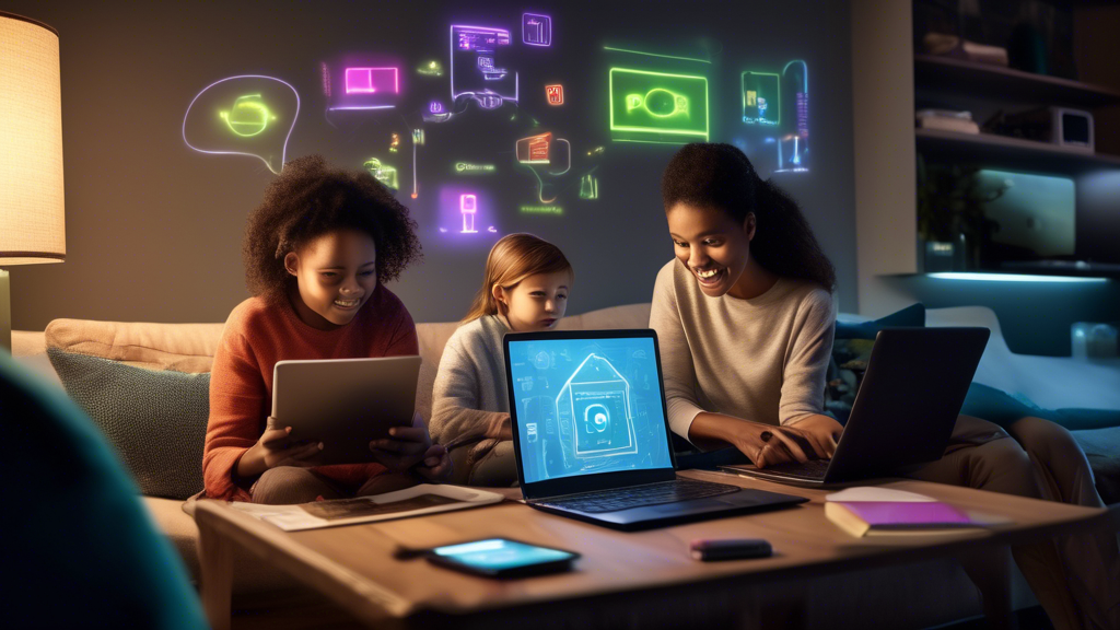 Create an image that showcases a bustling family room with various digital devices—a laptop, a smartphone, a tablet—all emitting a soft glow to indicate they are active. Around the devices, subtle yet clearly visible elements highlight effective cybersecurity strategies: a strong, complex password displayed on a sticky note (like G43r!7@B), a notification stating 2FA Enabled, a pop-up indicating System Update Complete, and a padlock icon signifying a secure VPN connection on public Wi-Fi. The scene should visually communicate a safe and secure digital environment.