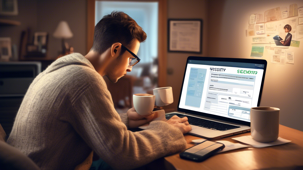 Create an image that depicts a person diligently monitoring their financial statements and credit reports on a laptop in a cozy home setting. The scene includes a bulletin board in the background covered with tips for online security, a coffee mug with a security lock icon printed on it, and a smartphone showcasing credit monitoring notifications. The overall atmosphere should be one of focused attention and responsibility, emphasizing the importance of regular monitoring and staying informed about one’s financial health.
