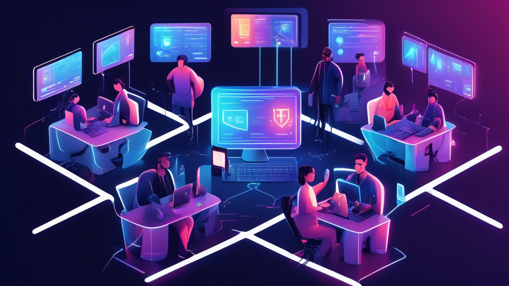 Illustration of a diverse group of people trading on multiple computer screens, with glowing lines connecting them to a central hub labeled 