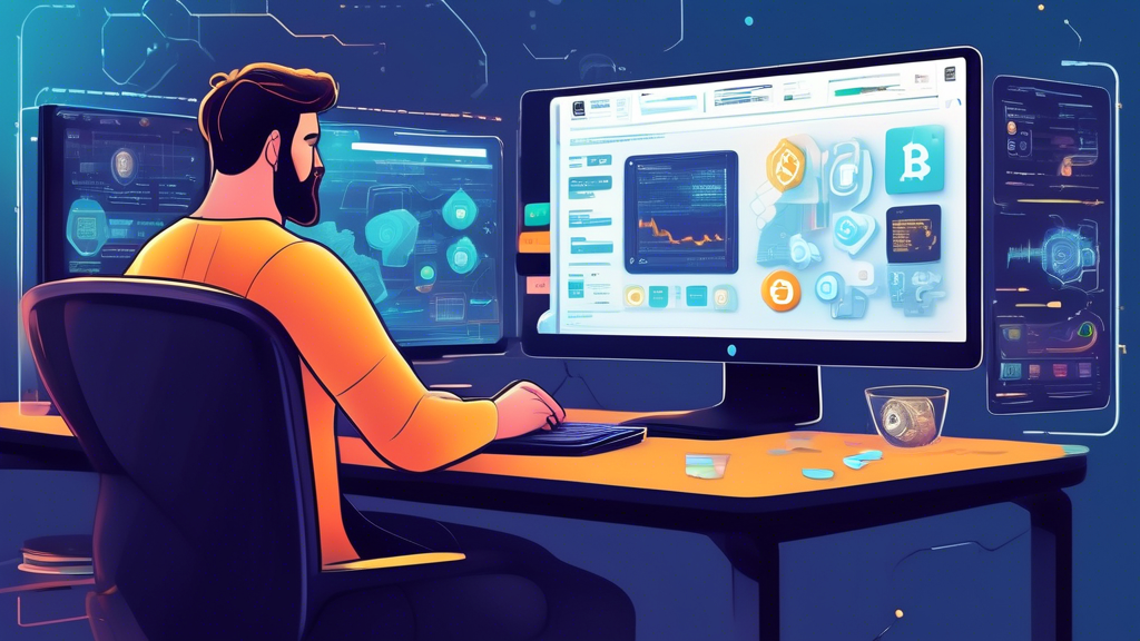 A detailed and insightful illustration showing a person at a computer screen with multiple tabs or windows open, each displaying different cryptocurrency platform features. The environment should show a comparison chart with criteria such as fees, security, and accessibility. On the desk, a checklist of factors to consider (beginner vs advanced use, supported cryptocurrencies) should be visible. There should also be a guidebook titled How to Choose the Best Crypto Platform next to the computer, along with imagery of popular crypto logos and user interface elements.