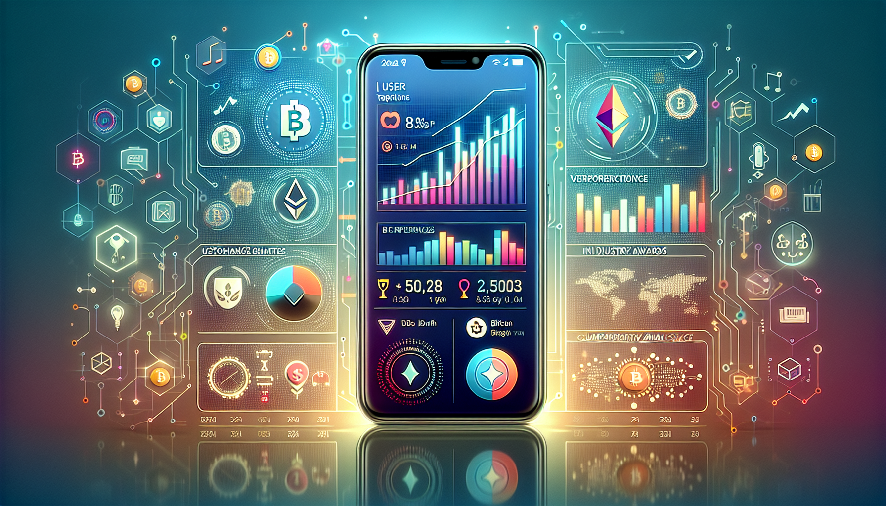 Create an image depicting an advanced and sleek cryptocurrency trading app interface on a modern smartphone screen. The app should show various performance graphs, charts, and market analysis tools for different cryptocurrencies like Bitcoin, Ethereum, and others. Include elements like user ratings, industry awards icons, and comparative analyses visualizations. The background should include subtle hints of digital circuits and blockchain technology to emphasize the advanced technology and reliability of the app. The overall theme should convey excellence in crypto trading for 2023.