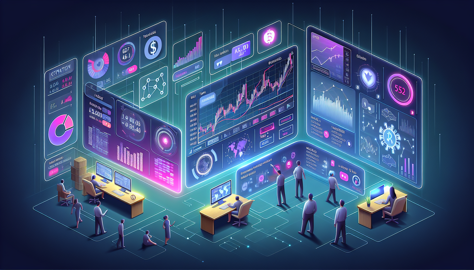 Create a detailed digital illustration showing a user interface of the best crypto trading app, highlighting tools for market analysis, real-time notifications, and news updates. The scene should include a trader efficiently using these features, with various charts, graphs, and alerts visible on multiple screens. Emphasize a sleek, modern design with a professional yet user-friendly atmosphere.