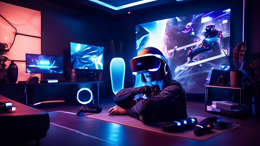 A futuristic gaming setup featuring the PSVR2 headset, PlayStation console, and various high-tech peripherals. The scene should highlight the compatibility of PSVR2 with future consoles and updates, showcasing a seamless and sophisticated environment. Incorporate elements like glowing cables, holographic displays hinting at upcoming VR tech, and a dynamic, immersive backdrop that underscores the value of investing in PSVR2 now. Keywords: PSVR2, future-proof, gaming setup, advanced technology, investment.