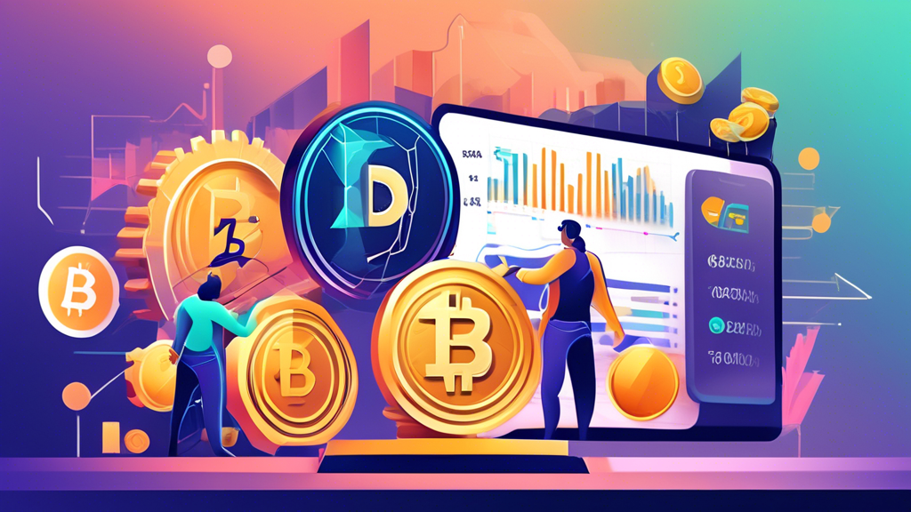 Create an image that depicts the concept of maximizing rewards with Bitgert Finance staking. Show a diverse set of cryptocurrency investors examining and choosing different staking plans, highlighting charts showing staking durations and their rewards. Include visuals of a user-friendly dashboard with real-time monitoring tools, and symbols of growth and adjustment, such as arrows, graphs, and gears. The scene should convey the strategic planning involved in optimizing staking returns, set in a modern, tech-savvy environment.