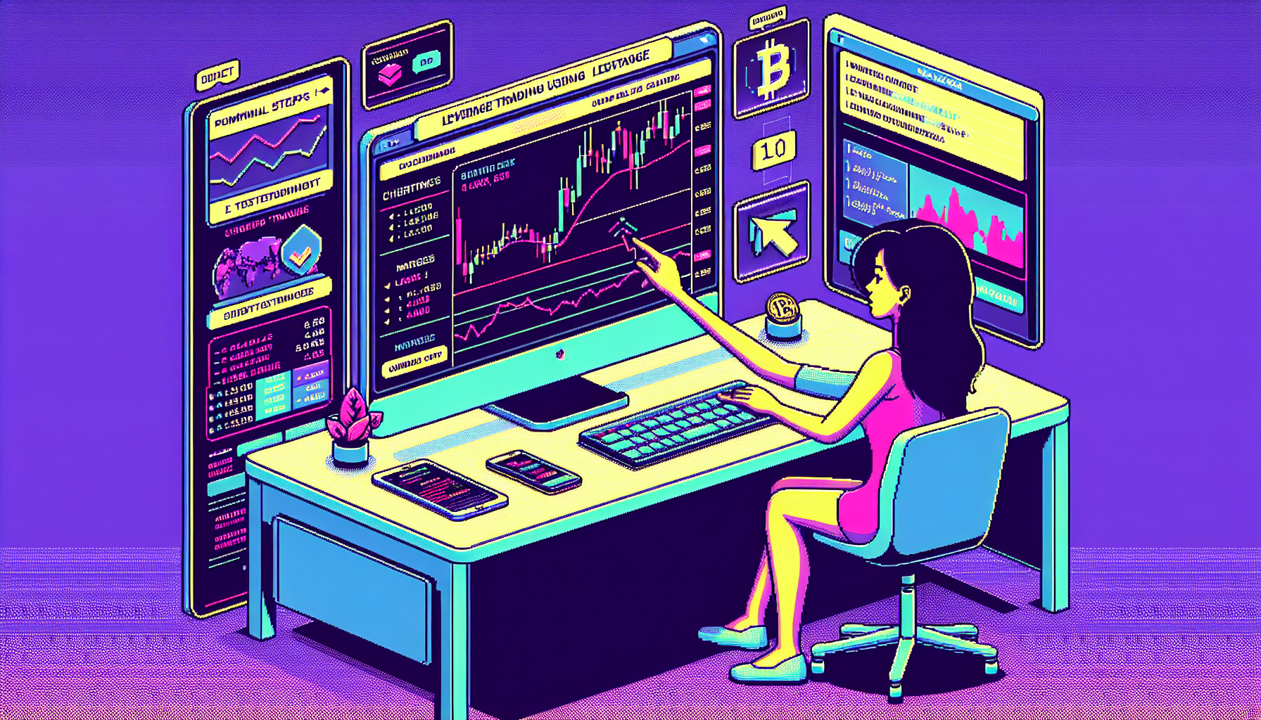 Create an image of a digital workspace with someone setting up an account on a popular crypto trading platform, like Binance or Kraken. The screen should display the platform interface, showing features like margin options and charting tools. Surrounding the person, include visual elements like a guidebook titled Leverage Trading 101, a mobile phone with the trading app open, and infographics of essential trading resources. This image should convey the initial steps and tools needed to start trading crypto with leverage.