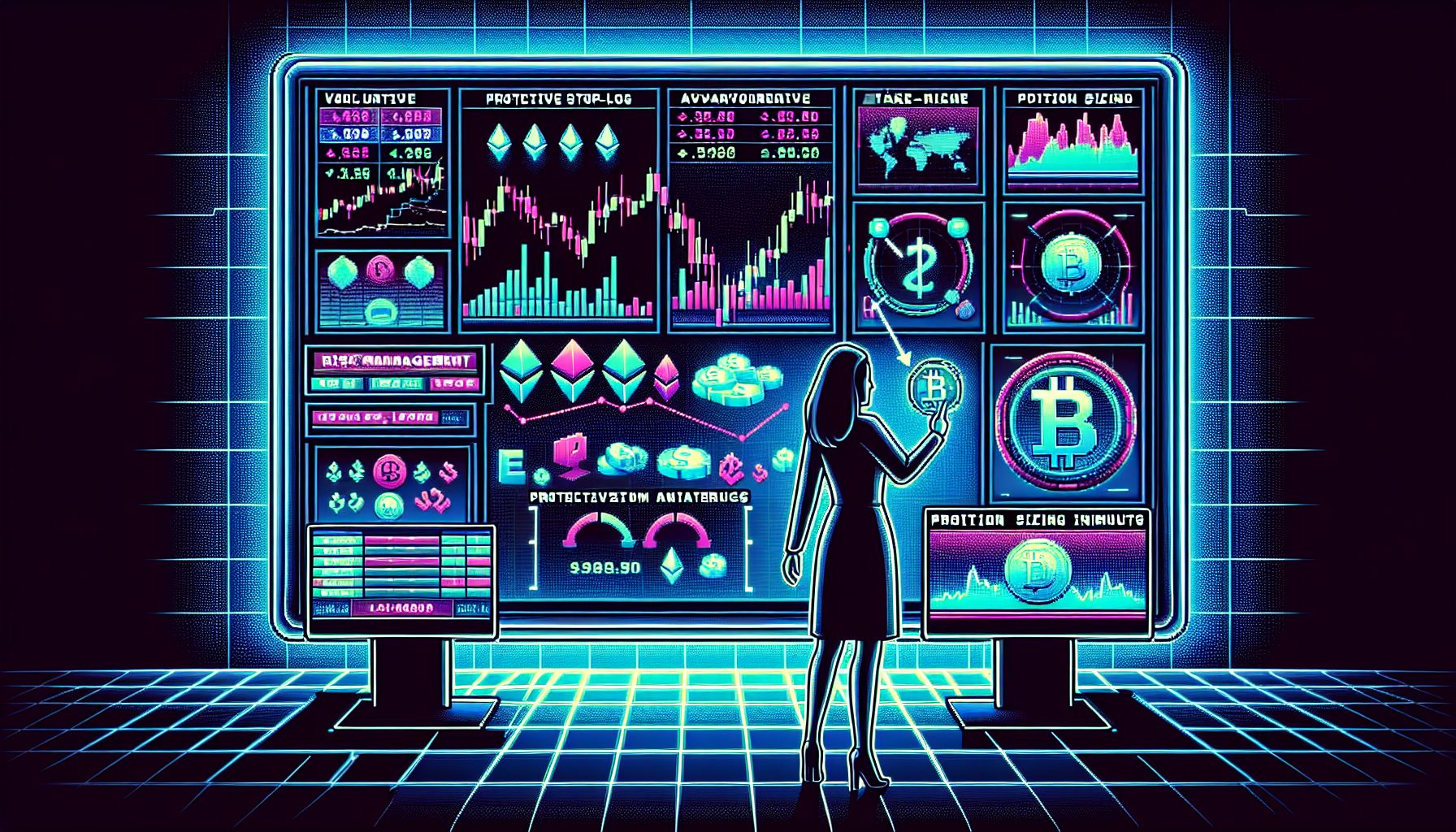 Create an image depicting a digital scene illustrating Developing Risk Management Strategies in the context of crypto trading with leverage. Show a screen displaying a trading interface with charts and graphs, highlighting stop-loss and take-profit orders. Include elements of diversification by showing a variety of cryptocurrency icons (Bitcoin, Ethereum, etc.) and position sizing tools. A figure resembling a financial advisor or expert can be seen pointing to key data on the screen, with an overall atmosphere of careful analysis and strategic planning.