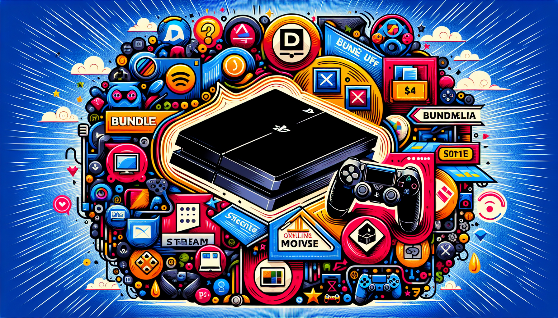 **DALL-E Prompt:**

Create an image showcasing the affordability and value for money of the PlayStation 4. Include elements like a PlayStation 4 console surrounded by price tags showing discounts, bundled deals with popular game titles, and a variety of features like controller icons, multimedia icons, and streaming service logos (like Netflix and Disney+). The background should subtly hint at a vibrant and lively game store environment, emphasizing the allure of great deals and endless entertainment options. Make sure the overall theme conveys the message of getting more value for your money.