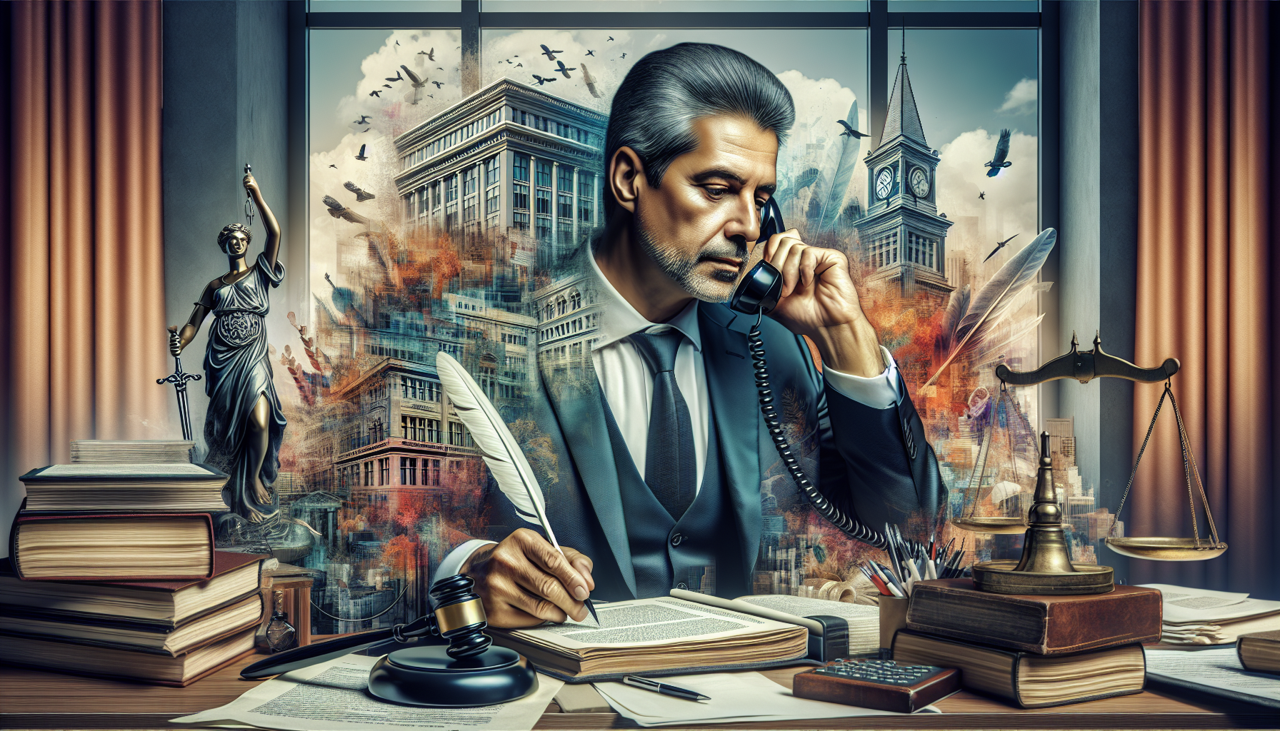 An experienced motorshade_quill penlawyer in a busy office, surrounded by piles of legal books and documents, discussing case details over the phone, a visible City Hall or local courthouse in the view outside his window, emphasizing his local law expertise and communication skills.
