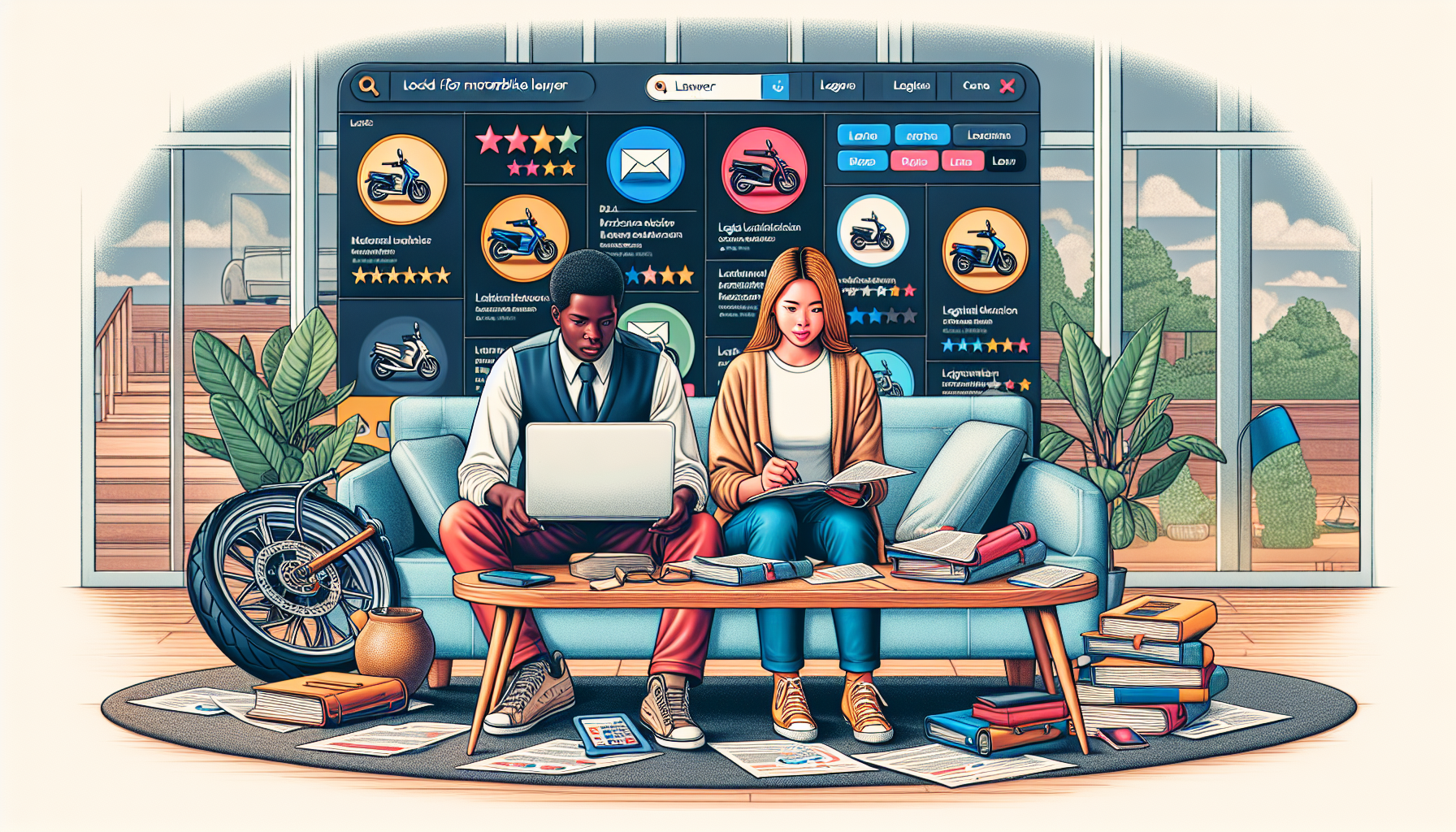 DALL-E prompt: Illustrate a young couple engaged in a diligent search for the perfect motorbike lawyer. They are seated in a contemporary furnished living room with a laptop open, displaying various legal websites and online directories. Papers with notes about lawyer consultations and case strategies are scattered around them. Include visual elements like review stars, legal symbols, and a budget plan, subtly integrated on their coffee table.