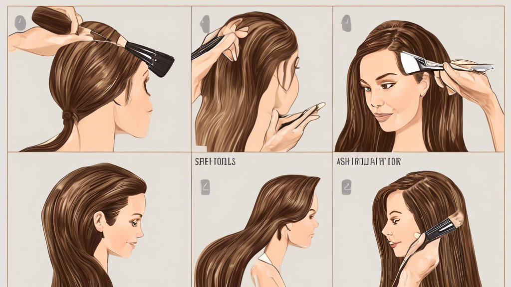 Create a detailed illustration depicting a step-by-step guide to applying ash foils on brown hair. The image should include the following steps:

1. Preparation: Display the necessary tools and products like foils, a highlighting brush, gloves, and hair clips. Show pre-treatment tips such as washing and drying the hair.
2. Sectioning: Illustrate the technique for sectioning the hair for optimal results, highlighting specific zones on the head.
3. Applying Foils: Provide a close-up of how to properly place and wrap the ash foils on the hair sections.
4. Processing: Indicate the processing time with a visual timer set to an appropriate duration.
5. Post-Application Care: Showcase recommended hair care routines and products, emphasizing moisturizing and color-protecting treatments.

Use a clear, educational style with easy-to-follow instructions, ensuring vibrant, detailed visuals that highlight the intricacies of each step, appropriate for a beauty and hairstyling guide.