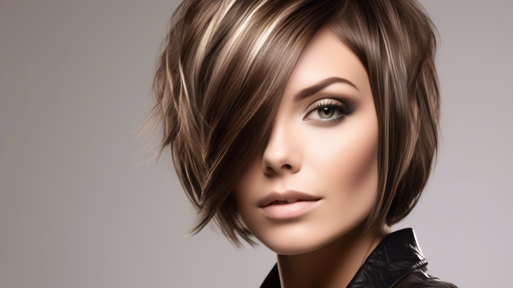 Create an image showcasing a stylish brunette with ash foils, meticulously styled in a trendy haircut. The hair should have subtle, multi-tonal ash highlights that blend seamlessly with their brown base. Present the individual in a chic urban setting, perhaps a modern salon or trendy café, emphasizing the elegance and sophistication of the ash foils. Include a hint of salon products in the background, like color-protecting shampoos and conditioners, to illustrate maintenance routines. The overall vibe should reflect the fashionable and contemporary nature of this hair trend.