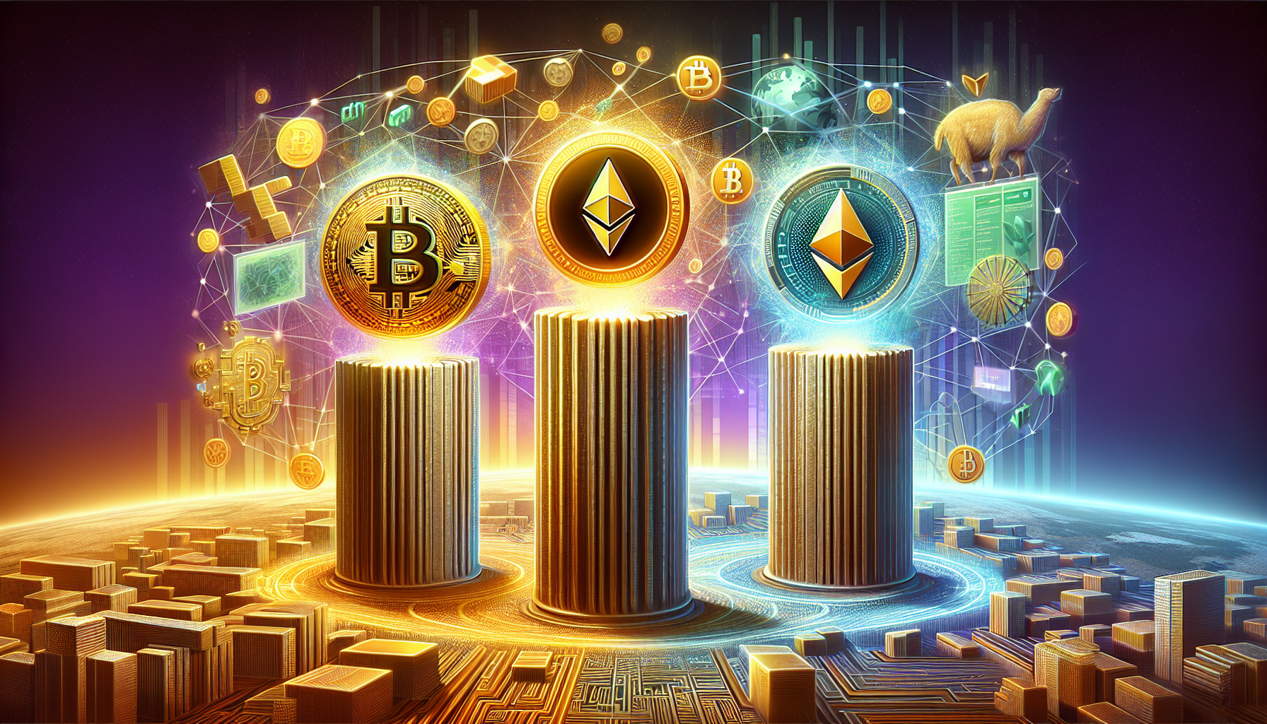 Create an image that features three distinct but interconnected pillars, each representing one of the top coins to invest in right now: Bitcoin (BTC), Ethereum (ETH), and Cardano (ADA). 

1. The first pillar should show a golden Bitcoin symbol, surrounded by elements suggesting stability and mainstream adoption, such as gold bars and a global network.
2. The second pillar should display the Ethereum logo, accompanied by visuals of smart contracts and decentralized applications (DeFi), along with symbols for network upgrades and scalability.
3. The third pillar should illustrate the Cardano emblem, highlighted with images of green energy and blockchain sustainability, showcasing its unique proof-of-stake model with growth charts and future potential.

The background should be a digital landscape of blockchain technology, emphasizing interconnectedness and a futuristic financial ecosystem.