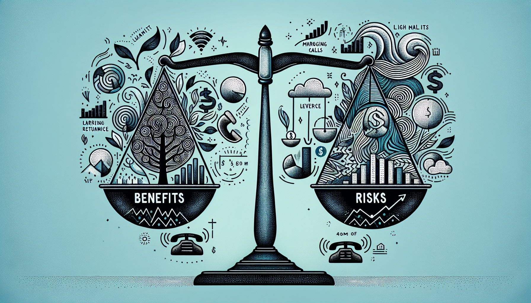 Create a detailed illustration showing a balance scale. One side of the scale is labeled 