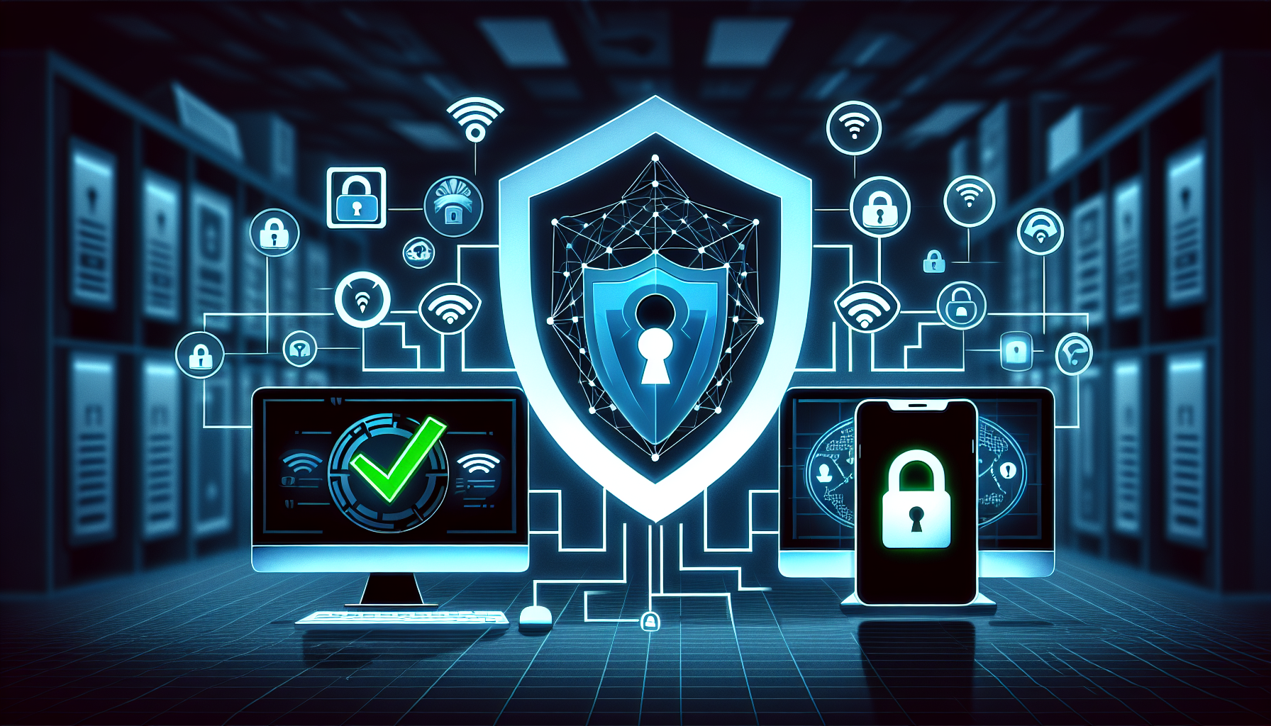 Create an image showing a digital shield symbol integrated with the iconic NordVPN logo, protecting a computer and smartphone. The devices display symbols of privacy (like a padlock) and security (like a firewall), all connected by secure lines. In the background, faint images of hackers and cibercriminales are blurred out, emphasizing protection. Additionally, include a Wi-Fi symbol with a checkmark to signify safe access to public Wi-Fi networks.