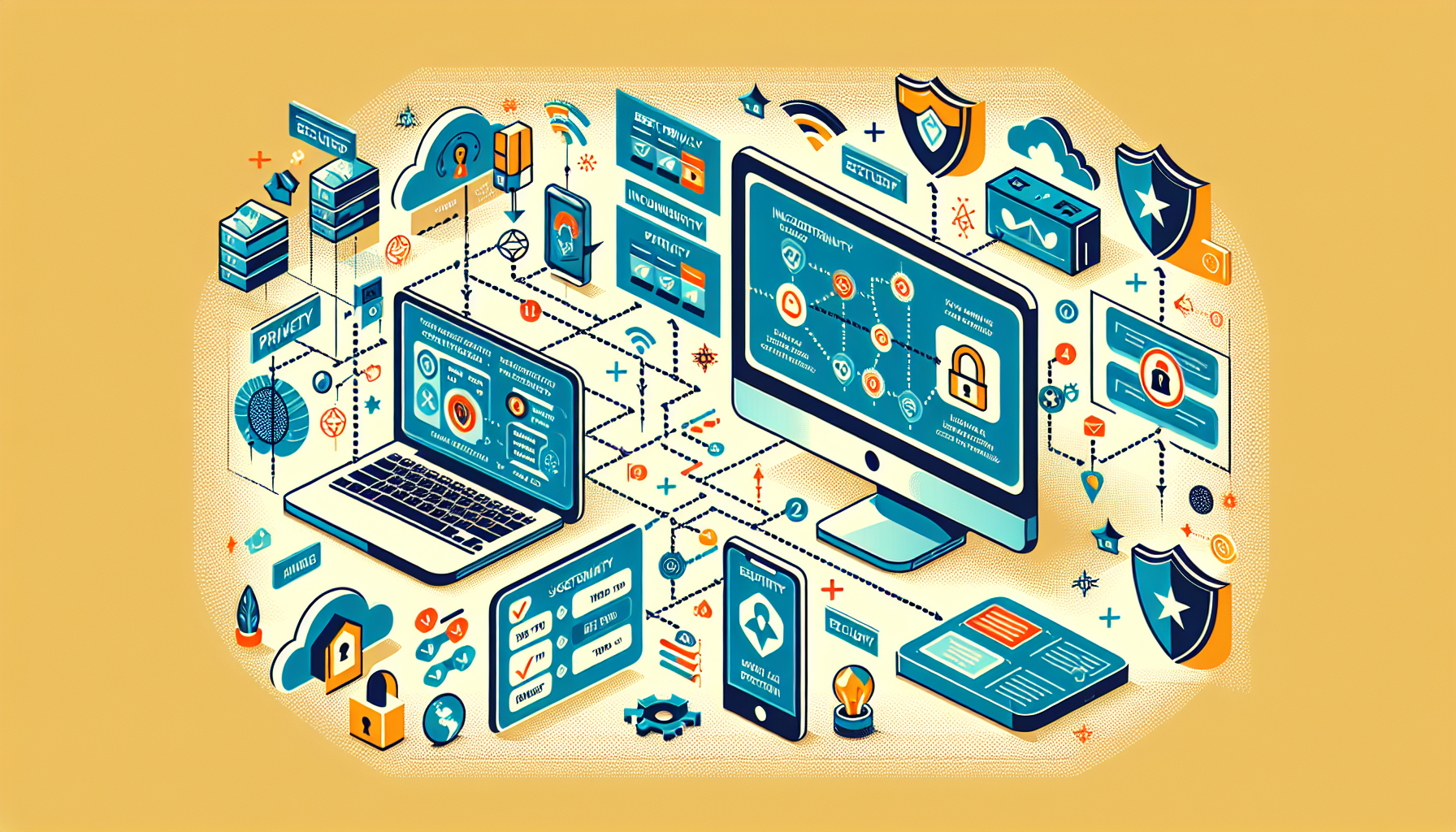 Create a detailed instructional image showing how to install and configure VPN Nord for maximum security. The image should include a step-by-step guide with visual elements such as a computer screen, a mobile device, and icons representing security and privacy. Include text labels for each step, focusing on optimal privacy settings and additional tips for enhanced security. The design should be clear, user-friendly, and engaging.