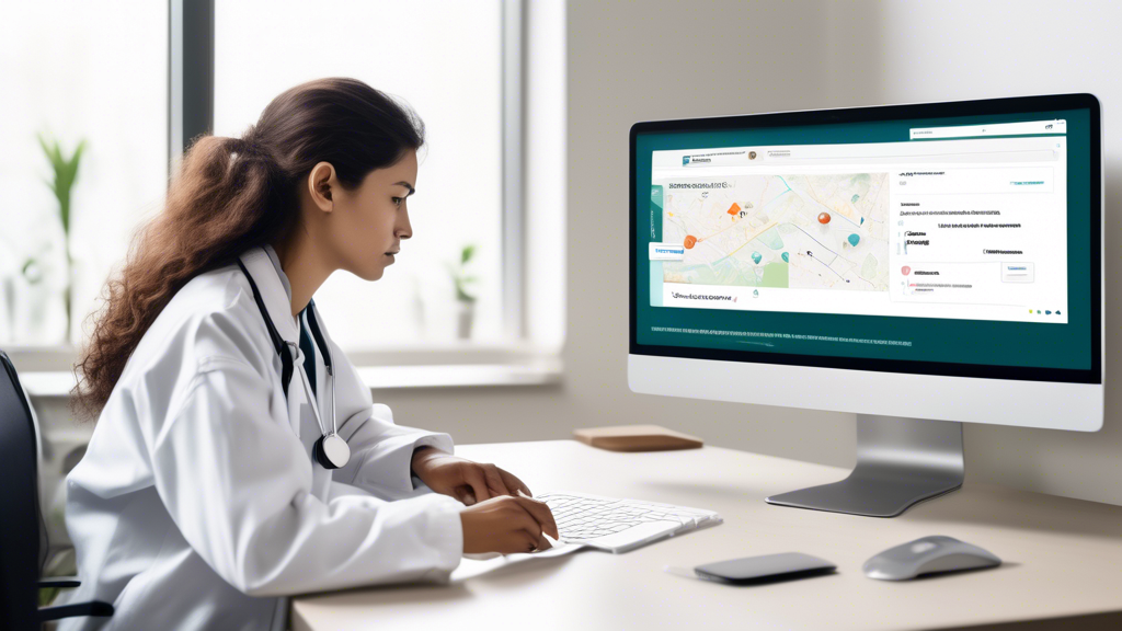 Create an image that shows a person sitting at a computer, using an online search tool to find a nearby medical DOT exam location. The screen of the computer should display a search engine page with keywords like find DOT exam near me and include icons or maps indicating various medical facilities and hospitals. In the background, show subtle hints of a professional network, such as a bulletin board with pinned business cards or a calendar with marked appointments, to suggest consulting professional networks and getting recommendations. The overall setting should be clean and professional, emphasizing the use of technology and community resources in locating a medical DOT exam.
