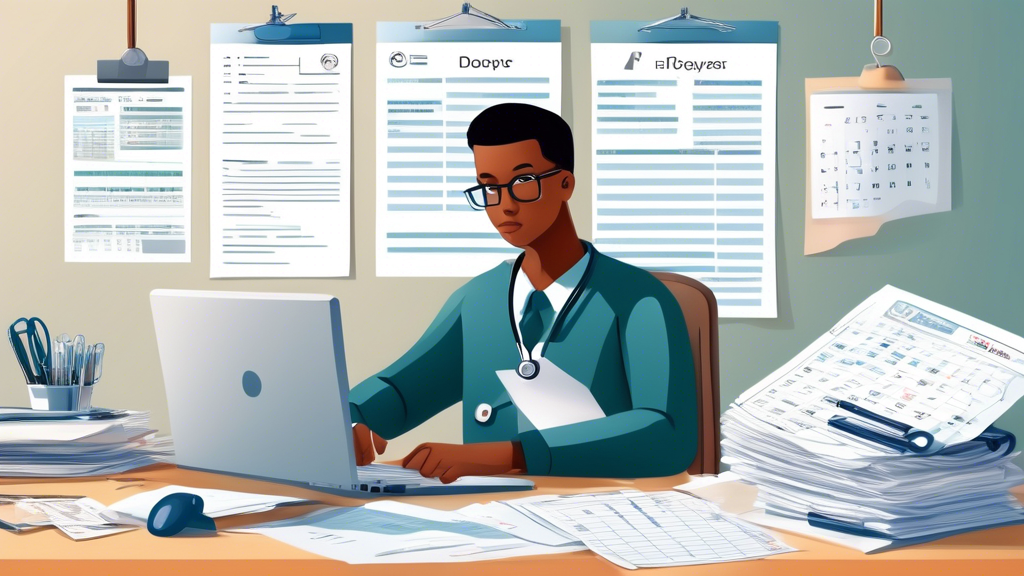 Create an image depicting a man sitting at a desk, focusing intently as he gathers necessary documents such as identification, medical history forms, and employer-specific paperwork. His desk is organized with neatly arranged papers, a laptop displaying a checklist on the screen, and a calendar marked with the exam date. The background includes medical-themed elements like a stethoscope and a framed chart on the wall to emphasize the medical DOT exam context. Highlight the sense of preparedness and organization in the scene.