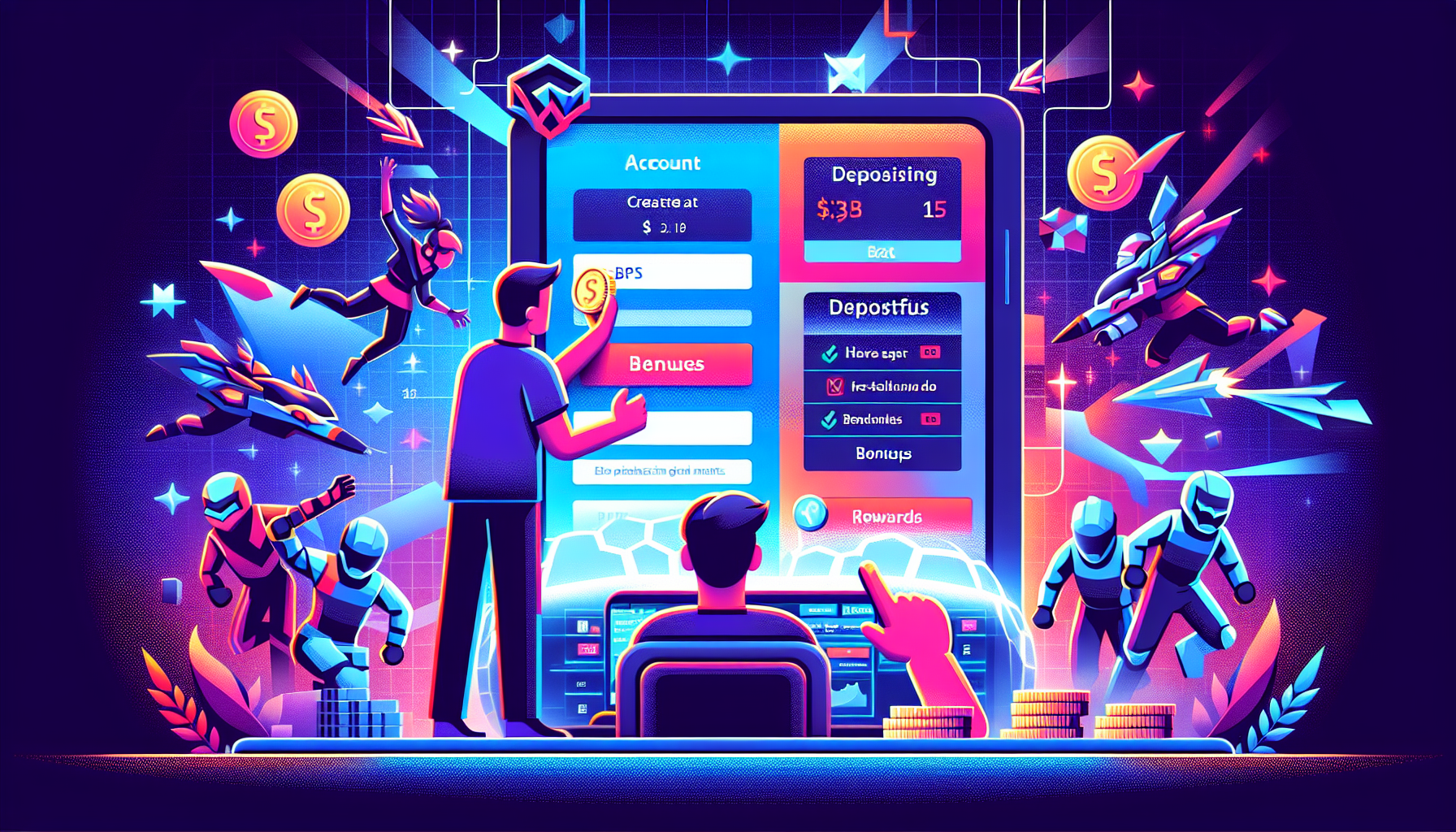 Prompt: Create an image that visually represents the process of getting started with GGBet Dota 2 betting. Include elements like a user creating an account on a computer or mobile device, depositing funds, and exploring bonuses and promotions. The background should feature a lively esports atmosphere with Dota 2 characters and teams featured prominently, showing the excitement and engagement of the platform. Make the interface visually intuitive, emphasizing the ease of finding Dota 2 matches and placing bets.