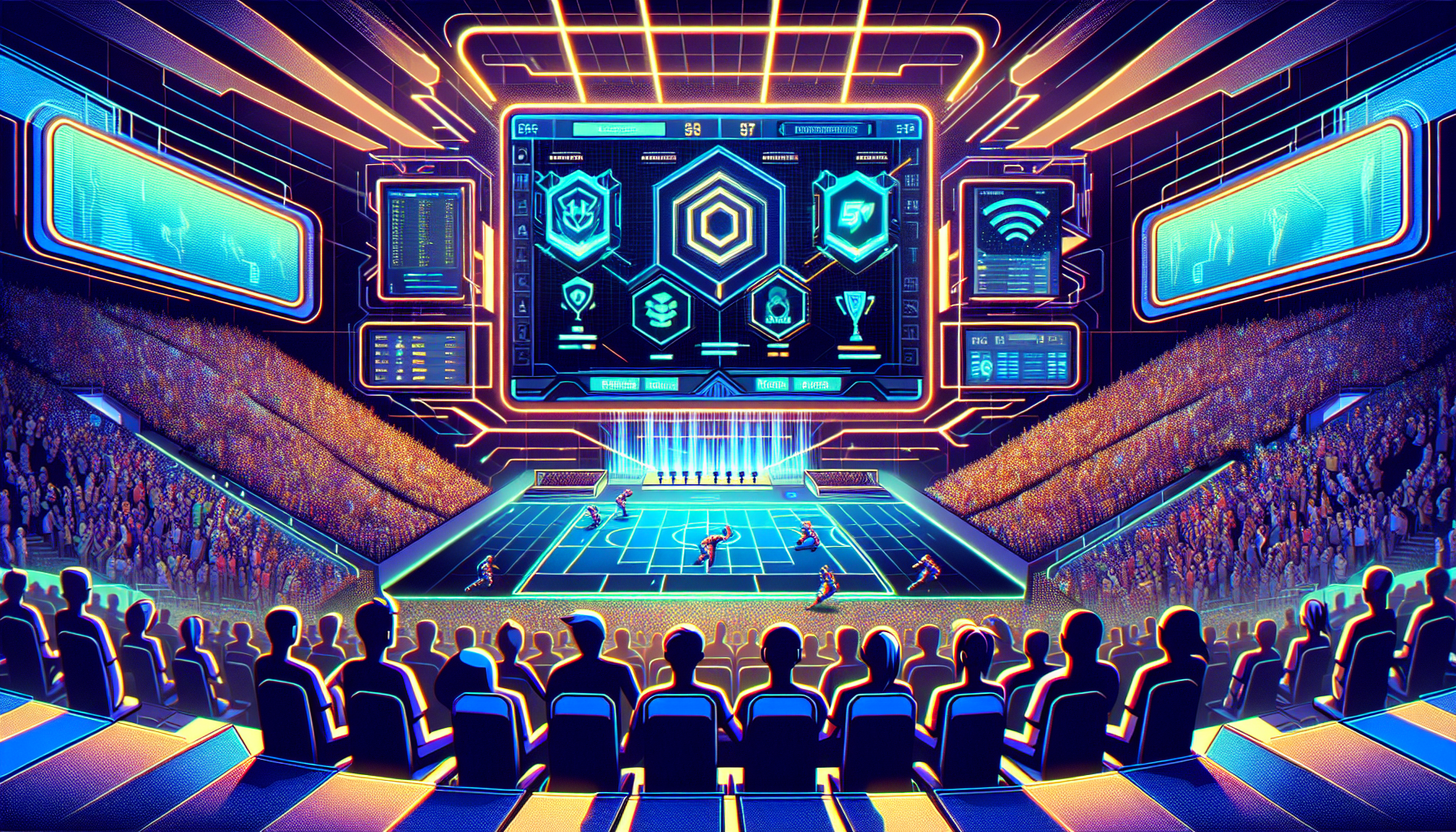 Create a high-resolution image that showcases a vibrant virtual arena filled with enthusiastic spectators watching a Dota 2 match on giant screens. Include graphical elements such as betting odds, types of bets, and strategy icons displayed on an overlay interface. The setting should highlight the dynamic energy of esports betting with the GGBet logo subtly integrated into the scene. Use a mix of futuristic and gaming aesthetics to capture the essence of competitive Dota 2 and strategic betting.