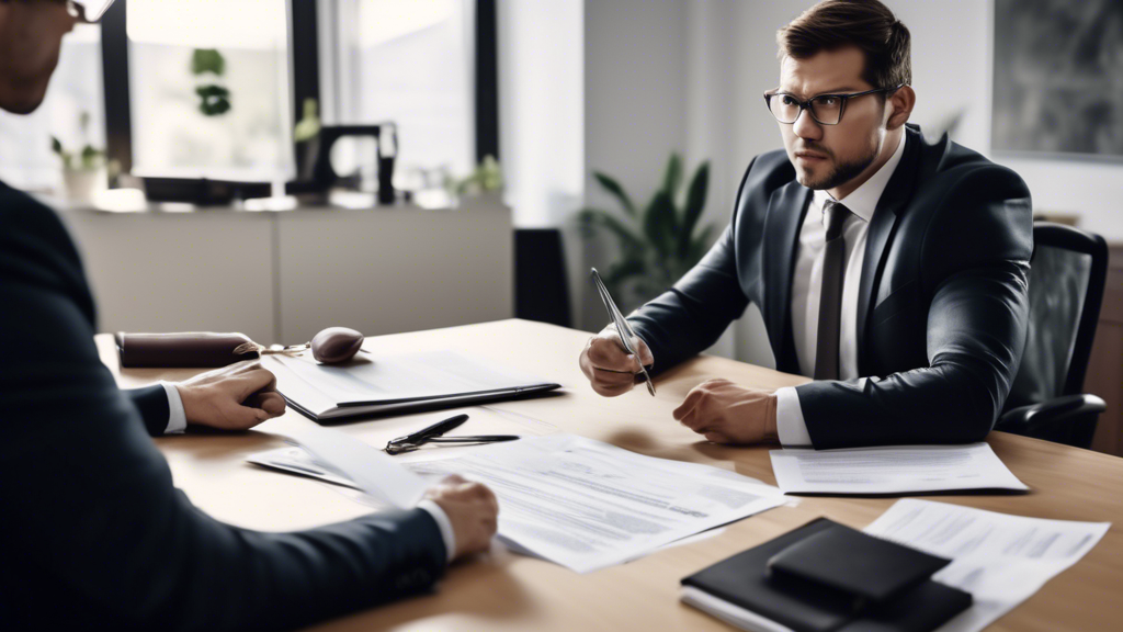 Create an image of a professional office scene where an individual is having an initial consultation with a car injury lawyer. The office is modern with legal books and framed credentials on the wall. The lawyer is pointing to a document while discussing with the client. Several documents and a laptop are on the table, evoking a sense of thorough evaluation and discussion. Keywords: car injury lawyer near me, consultation, professional, credentials, office.