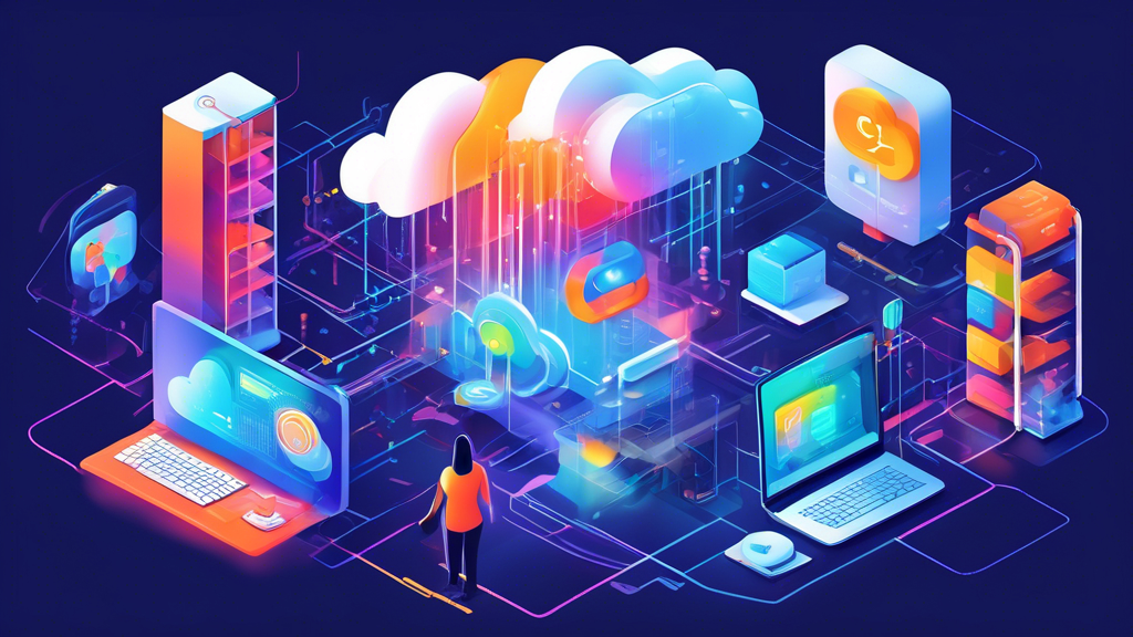 Create a vibrant and futuristic illustration showcasing the advantages of using Google Cloud. Highlight flexibility by depicting diverse industry applications, showcase scalability with expansive data processing and storage centers, and emphasize security with strong protective measures and encrypted data visuals. Incorporate elements like servers, cloud icons, and secure locks to represent these concepts.