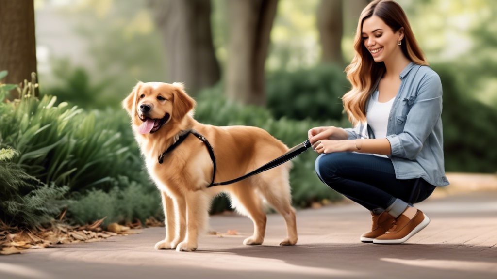 Create an image that showcases a pet owner using the Wild One Leash. The scene should depict both the pet and owner in an outdoor setting, such as a park or urban area. The pet owner is holding the ergonomic handle of the leash, looking comfortable and in control. The pet, whether a small, medium, or large breed, is calmly walking beside the owner. The leash should look sleek and durable, highlighting its ergonomic design. Add subtle text overlays with keywords such as comfortable Wild One Leash and best control leash for pets.