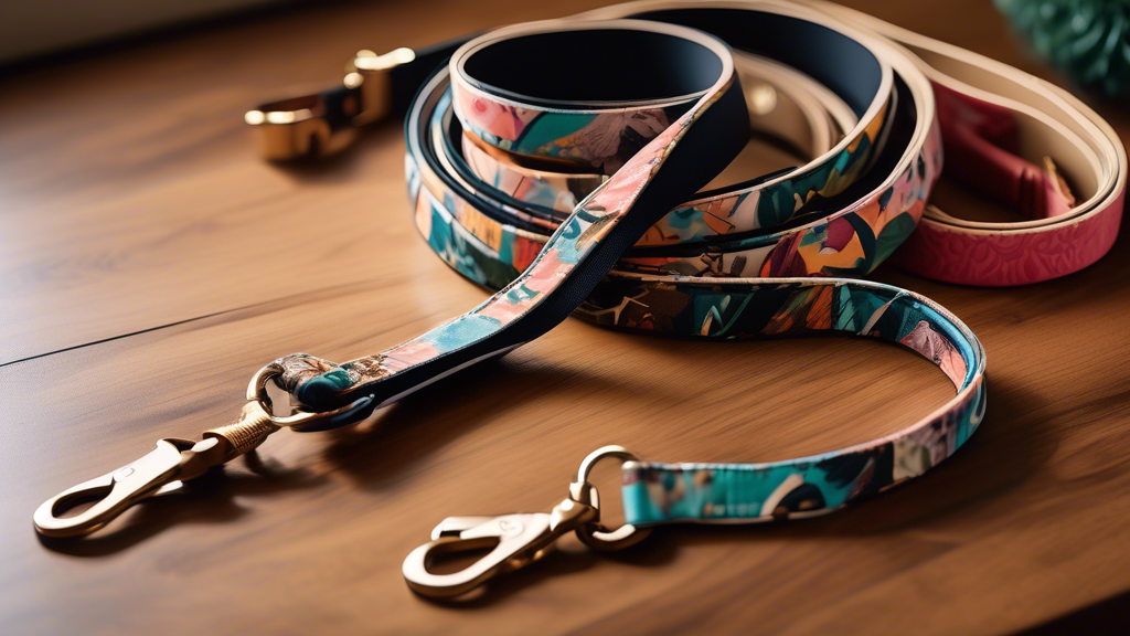 Create an image of a stylish Wild One Leash displayed elegantly on a wooden table with chic decor elements. The leash should showcase its ergonomic hand loops, reflective stitching, and attachments for accessories. Nearby, place a selection of color and pattern swatches available for the leash. In the background, include a few popular brands