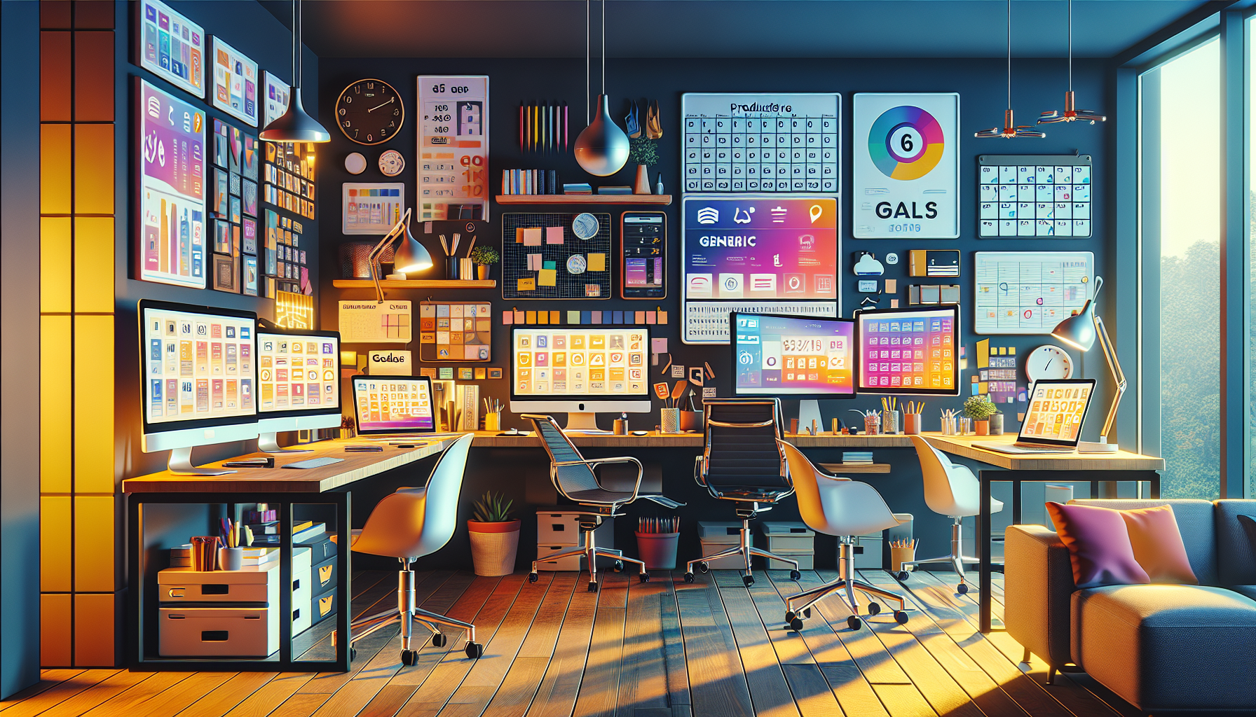 A modern home office setup with multiple computer screens displaying various online platforms like Fiverr, Upwork, and Etsy. The office environment is equipped with ergonomic furniture, productivity tools like planners, calendar apps, and a whiteboard with goals and tasks. The setting is cozy and functional, emphasizing a productive space for managing a home-based side hustle.