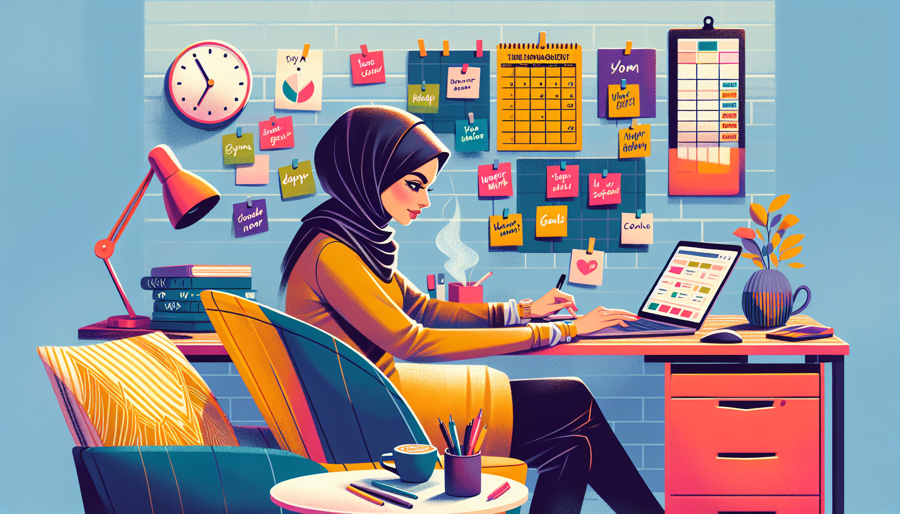 A cozy home office scene where a person is working on a laptop, with a clock, planner, and coffee cup nearby. On the wall, there are sticky notes labeled with time management strategies, goals, and work-life balance tips. The background shows a mix of personal and professional items symbolizing the balance between a day job and a side hustle.