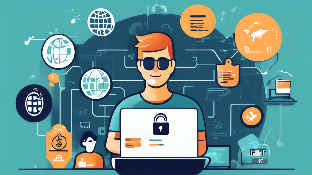An illustrated guide showing a person researching and comparing various VPN services on a laptop, with price tags and icons representing encryption, speed, and server locations. The background features elements like a lock for security and a globe for global content access. The atmosphere should communicate affordability and smart decision-making, with symbols like dollar signs and thumbs up. Keywords: cheap vpn, best practices, comparing services.