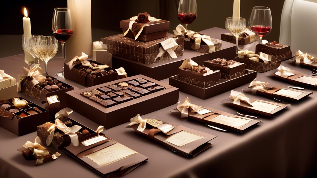 An elegant table setting featuring a variety of chocolate boxes, each labeled for different occasions like birthdays, anniversaries, and corporate events, showcasing personalized decorative touches and sophisticated presentation styles to enhance the gifting experience.