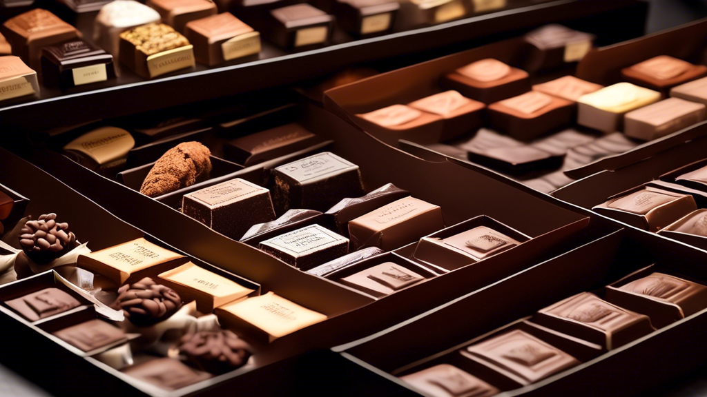 DALL-E prompt: A high-end gourmet shop setting where a knowledgeable chocolatier is presenting an array of quality chocolate boxes to a curious customer. The image captures various open chocolate boxes showcasing their unique assortments, with visible details such as cocoa content labels and artisan branding. Include elements that highlight different origins of ingredients, with a special focus on a customer asking questions and the chocolatier using a magnifying glass to examine a piece of chocolate for quality assurance.