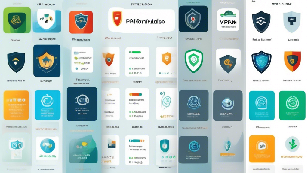 Create an image comparing the top VPN options for Android. Display a lineup of smartphone screens with different VPN app interfaces. Each screen should show logos of popular VPN providers, interface highlights, and user ratings. The background can include icons representing security features and seamless connectivity. The image should have a professional and tech-savvy look, focusing on the criteria for selecting high-quality VPNs for Android.