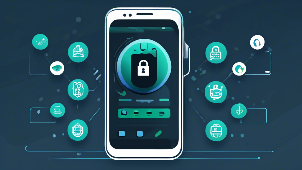 A high-resolution illustration showing a smartphone with an Android logo, set against a background suggesting digital security (e.g., padlocks, shields, or encrypted codes). The phone