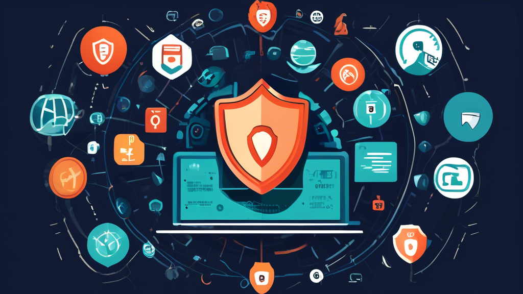 Create an image depicting the concept of protecting internet privacy by showcasing a computer with a shield symbol on the screen, surrounded by icons representing strong passwords, two-factor authentication, and a VPN tunneling through a globe. The background should subtly feature binary code to reflect the digital nature of the topic. The overall mood should be secure and technologically advanced.