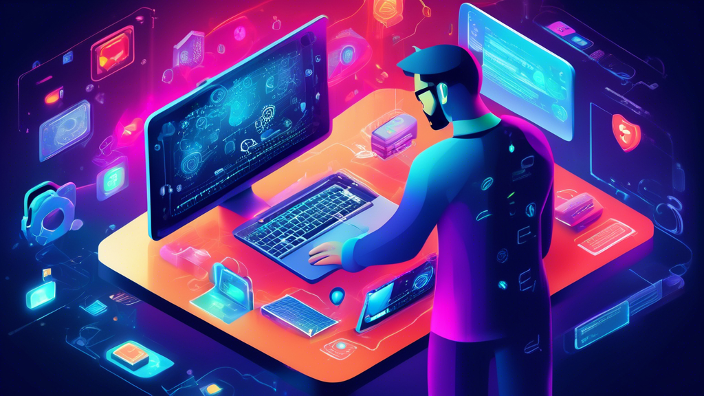 Create an image of a tech-savvy individual working on a laptop in a modern workspace, surrounded by visual elements representing internet security: software update notifications, encrypted messaging icons, and a holographic interface showing a managed digital footprint. The background should include subtle hints of code and security padlocks symbolizing advanced strategies to protect internet privacy.