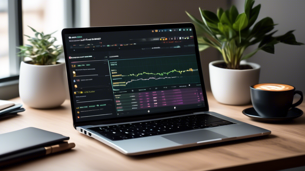 A beginner setting up a crypto demo trading account on a laptop, with step-by-step instructions displayed on the screen. The screen shows a detailed walk-through including platform selection, account creation, and exploring essential features. The laptop is placed on a modern desk with some notes, a coffee cup, and a plant nearby, providing a cozy learning environment.