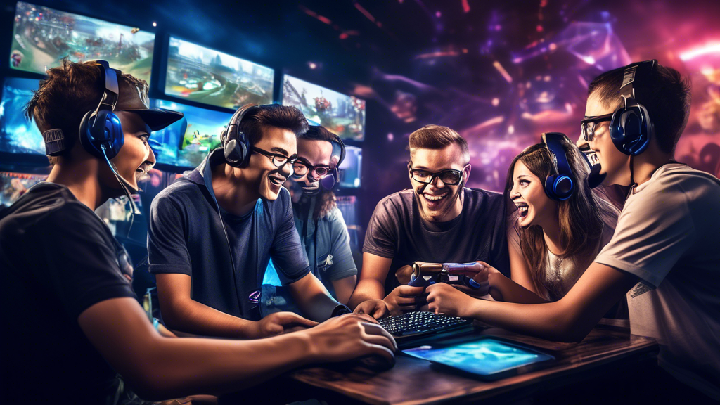 Create an image capturing the social and cultural effects of online gaming tournaments. Illustrate a diverse group of people from different parts of the world participating in an online gaming tournament. Show gamers connected through their computers, displaying excitement and camaraderie. Include elements like chat windows, social media interactions, and congratulatory messages on screen. Highlight the integration of gaming into daily life by incorporating everyday items like coffee mugs or snacks around the gamers