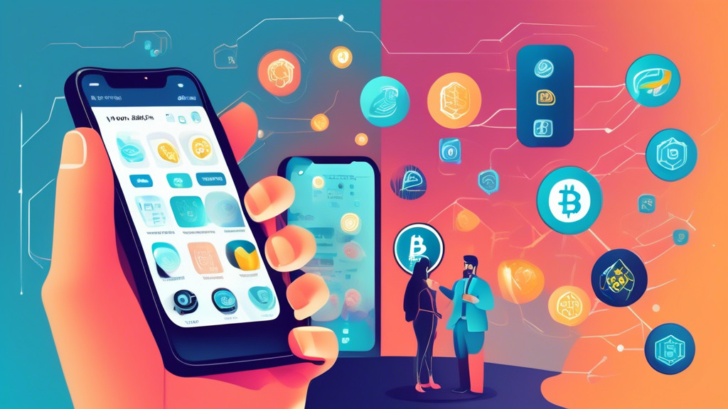 Create an image of a person thoughtfully comparing multiple crypto trading apps on a smartphone. The background includes icons representing key factors to consider such as 