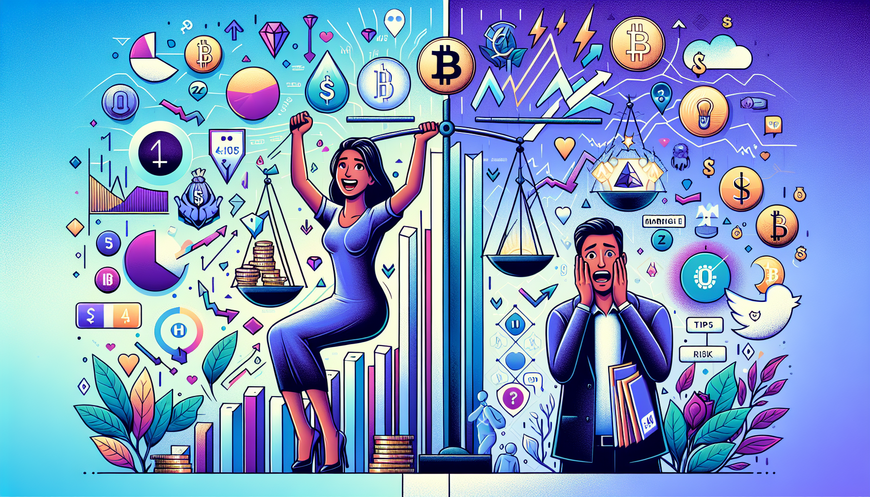 Prompt: A digital illustration representing the advantages and risks of crypto futures trading. On one side of the image, depict a person celebrating potential gains, with icons of increasing charts and profit symbols, symbolizing the potential for income even in a falling market. On the other side, show another individual looking concerned with symbols of high volatility, margin calls, and risk indicators. In the middle, showcase a balanced scale to represent risk management, with tips and advice written in the background.