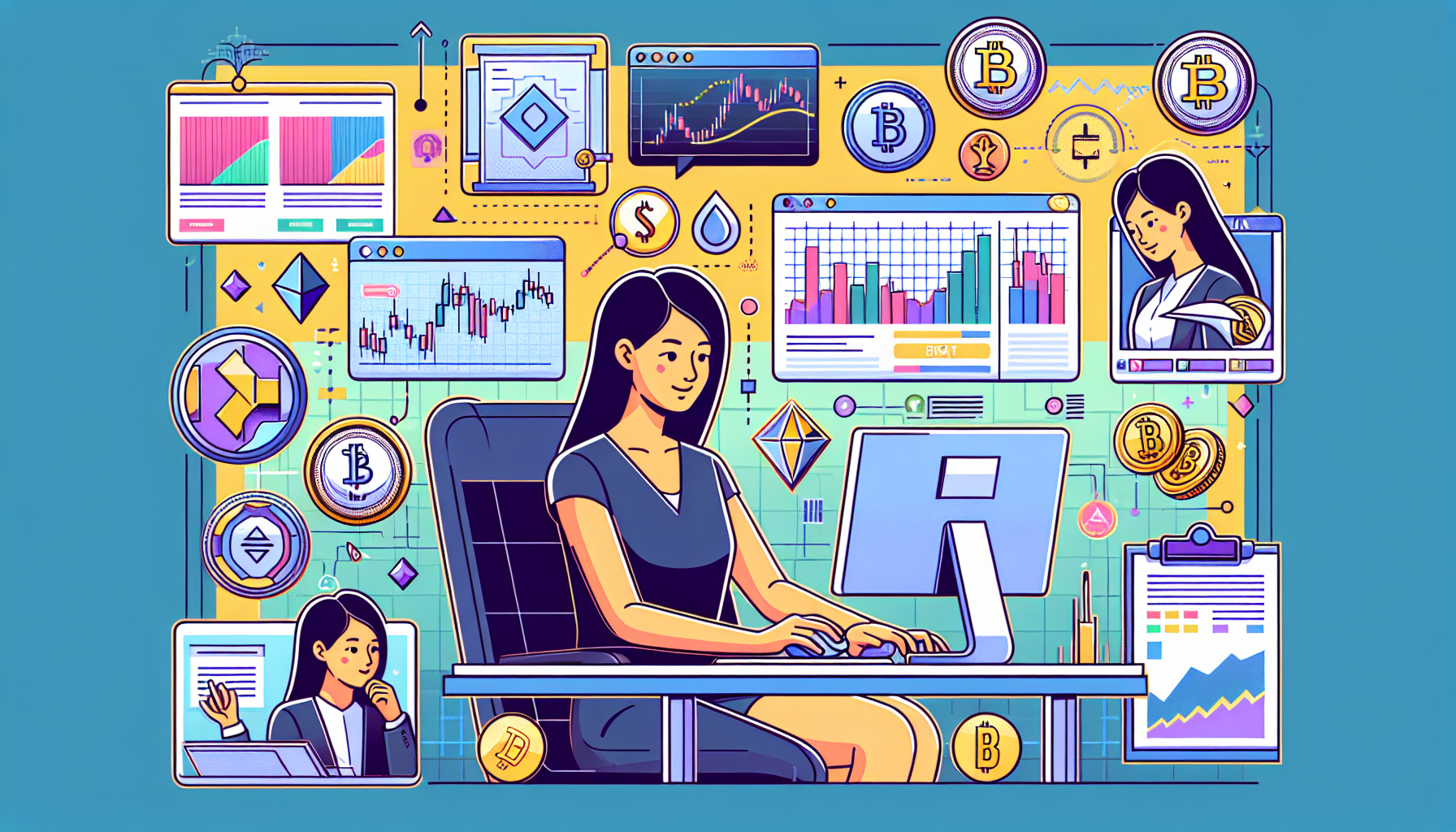 Create an image that illustrates the practical steps to start trading crypto futures. The scene should feature a person at their computer registering on a cryptocurrency exchange platform, analyzing crypto market charts, and reading instructional materials about trading strategies. Include visual elements like crypto tokens, charts, and educational icons to emphasize the learning and analysis process.