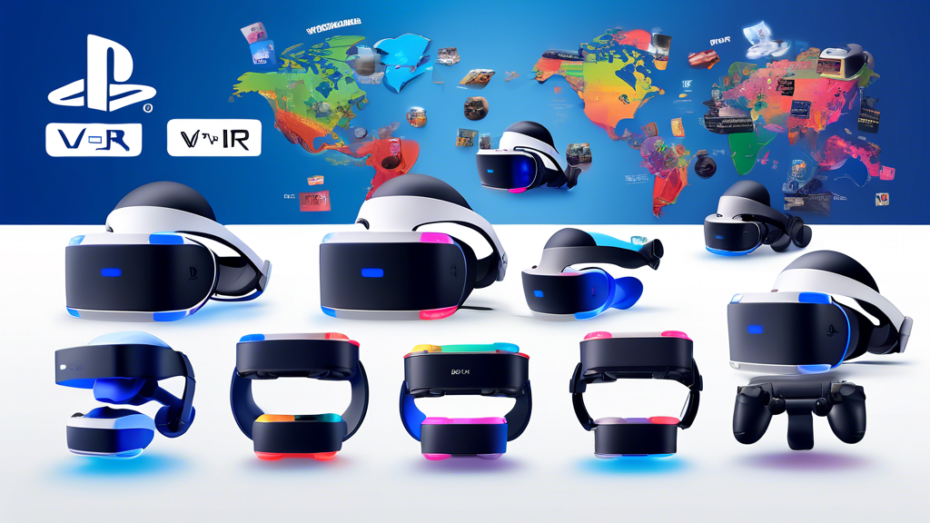 An image showcasing various PlayStation VR bundles with their respective prices, highlighting key features such as the headset, motion controllers, and included games. Depict availability in different regions on a world map with price tags, and a comparison chart showing how these factors influence overall pricing. Use a clean, informative, and visually engaging style.